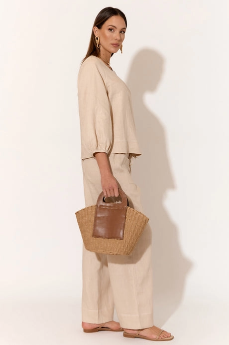 Stylish Appearance June Camel Contrast Stitch Linen Pant