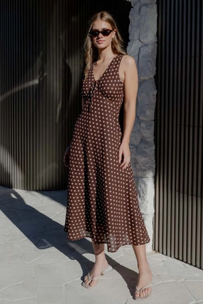 Infinity Chocolate Polka Dot Sleeveless Bias Midi Dress Smart Waist Design