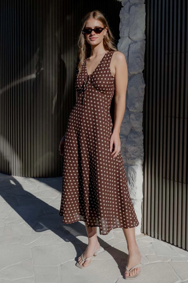 Infinity Chocolate Polka Dot Sleeveless Bias Midi Dress Smart Waist Design