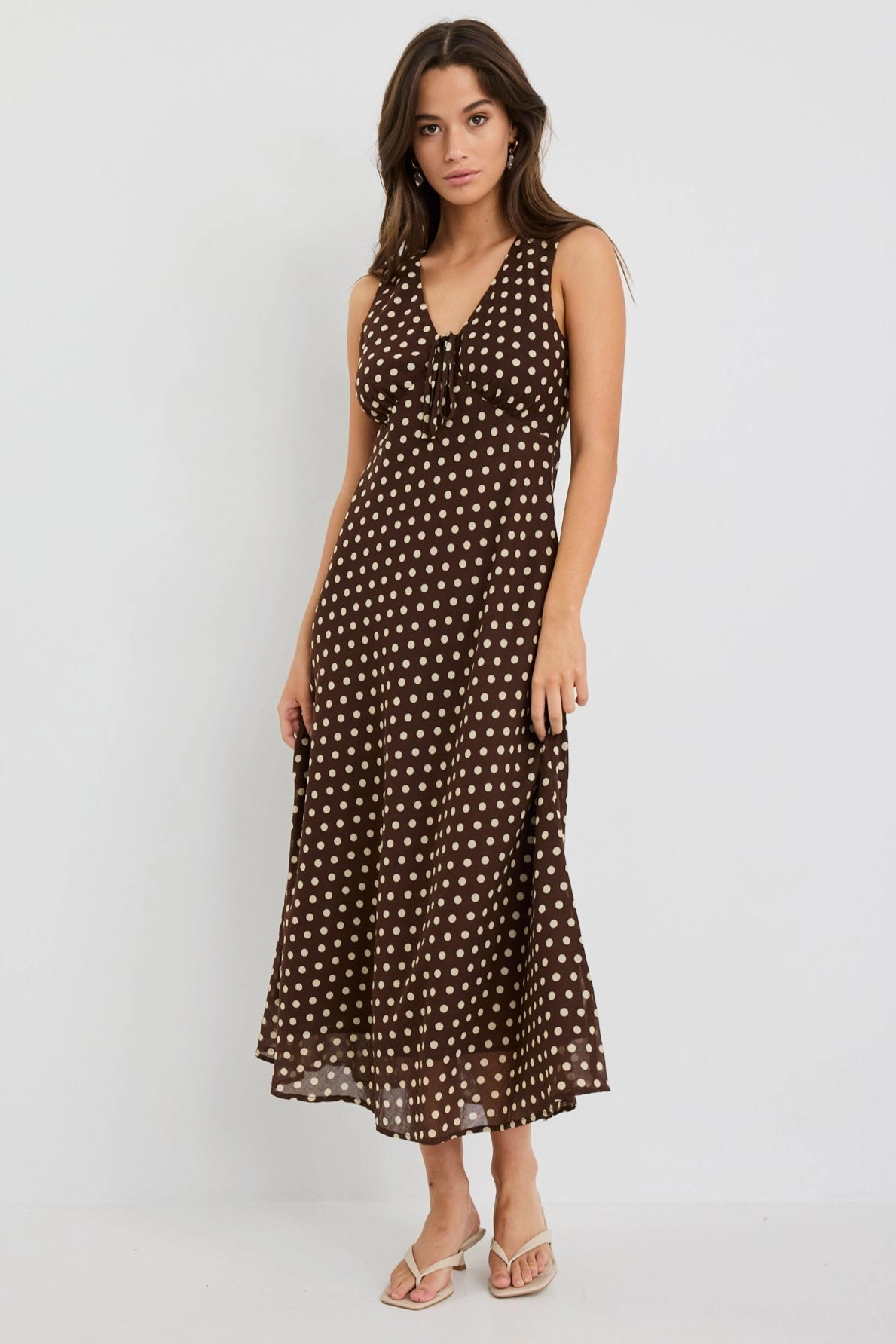 Waist Seam Infinity Chocolate Polka Dot Sleeveless Bias Midi Dress