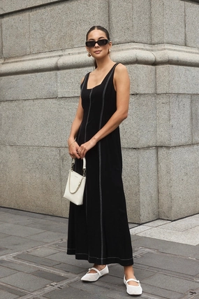 Index Black Sleeveless Square Neck Contrast Maxi dress Flattering Waistband Contemporary Style