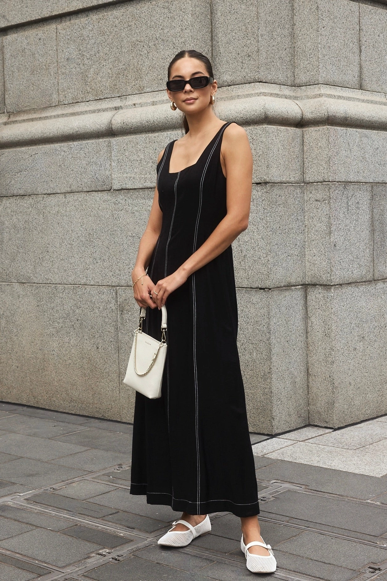 Index Black Sleeveless Square Neck Contrast Maxi dress Flattering Waistband Contemporary Style