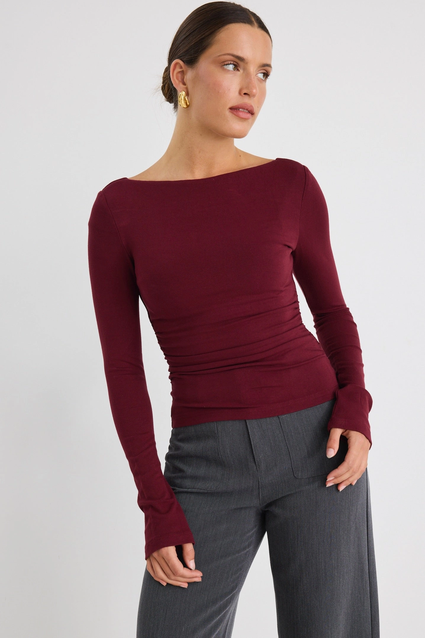Hunger Burgundy Plum Stretch Scoop Back Neck Top GarmentWashed Texture