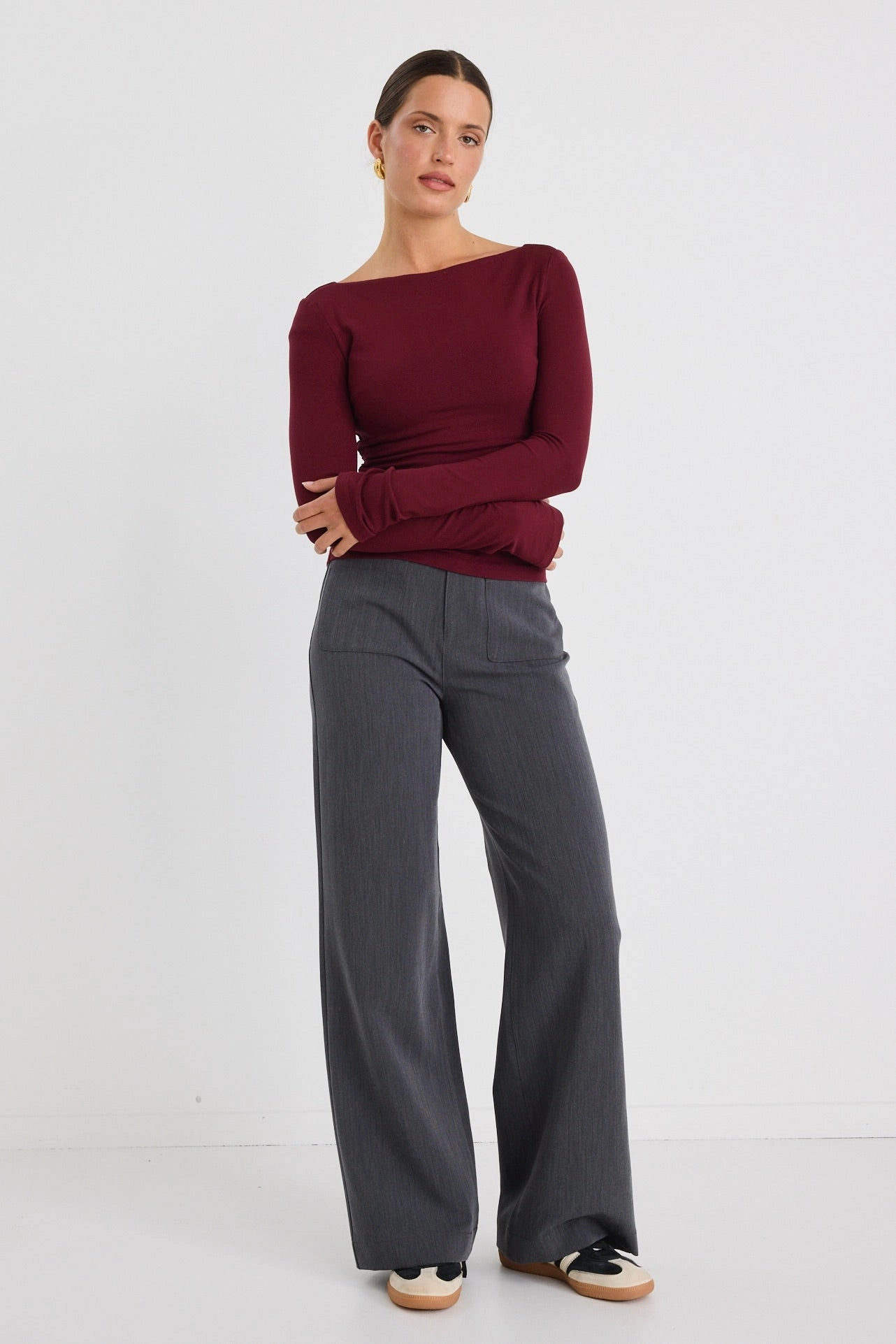 Multipanel Construction TexturedSurface Hunger Burgundy Plum Stretch Scoop Back Neck Top