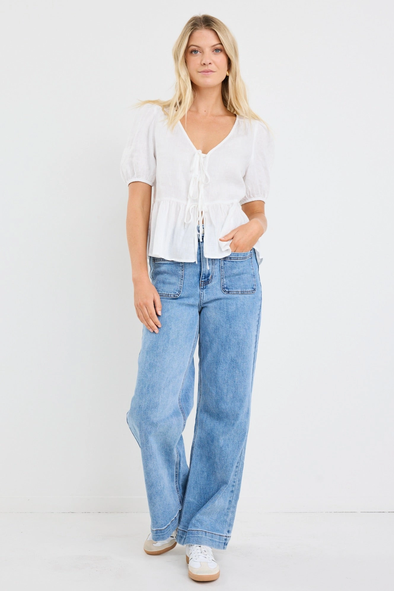 Restore Ivory Linen Tie Front Peplum SS Top HighDensityFoam