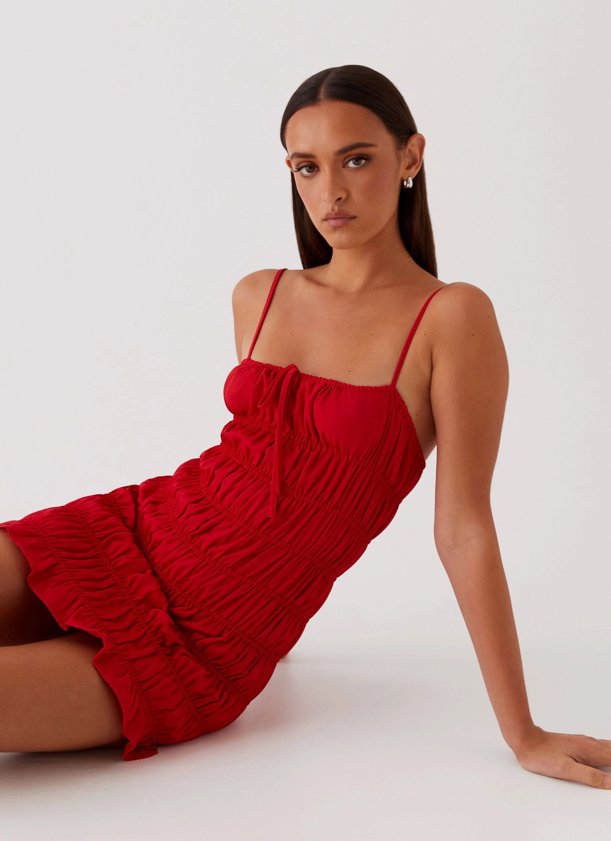 Part Timer Ruched Mini Dress - Red Padded-Bust Flare Swing