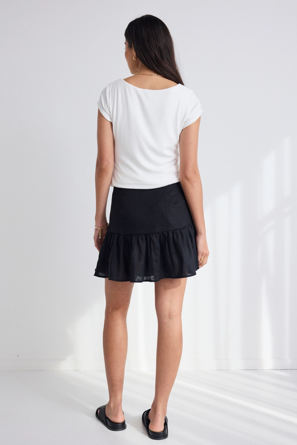 Revival Black Linen Tiered Mini Skirt perforated design