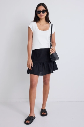 Minimalist Layering Refined Edge Revival Black Linen Tiered Mini Skirt