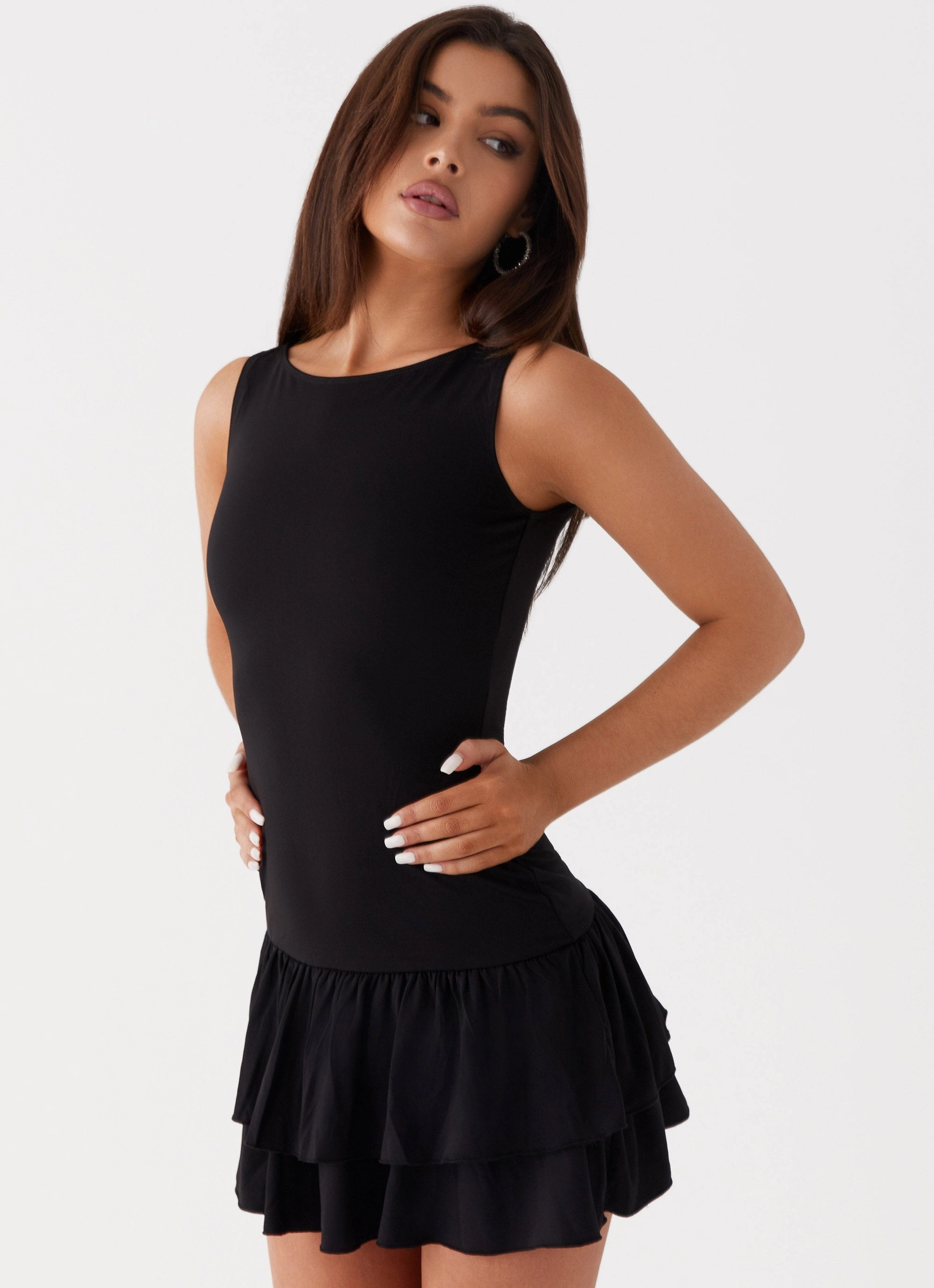 Pure Color Comfortable Fashion Rhiannon Frill Mini Dress - Black