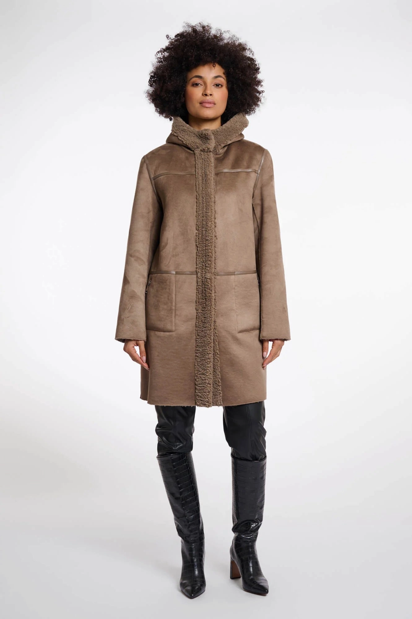 Rino & Pelle Alina Reversible Hooded Coat in Toffee Easy Care Material Quilted Interior Layer