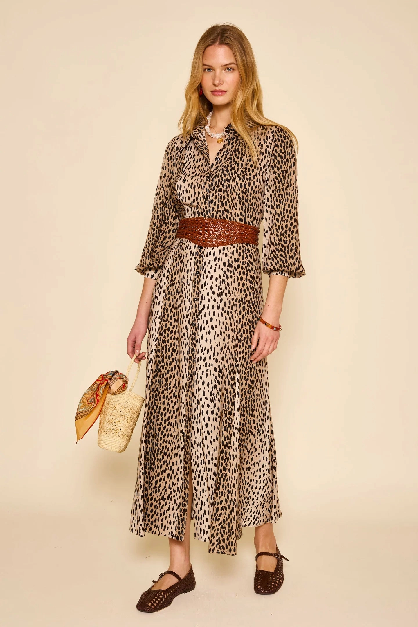 RIXO Maddison Dress in Antelope Spot Side-Pocket Cool Structure