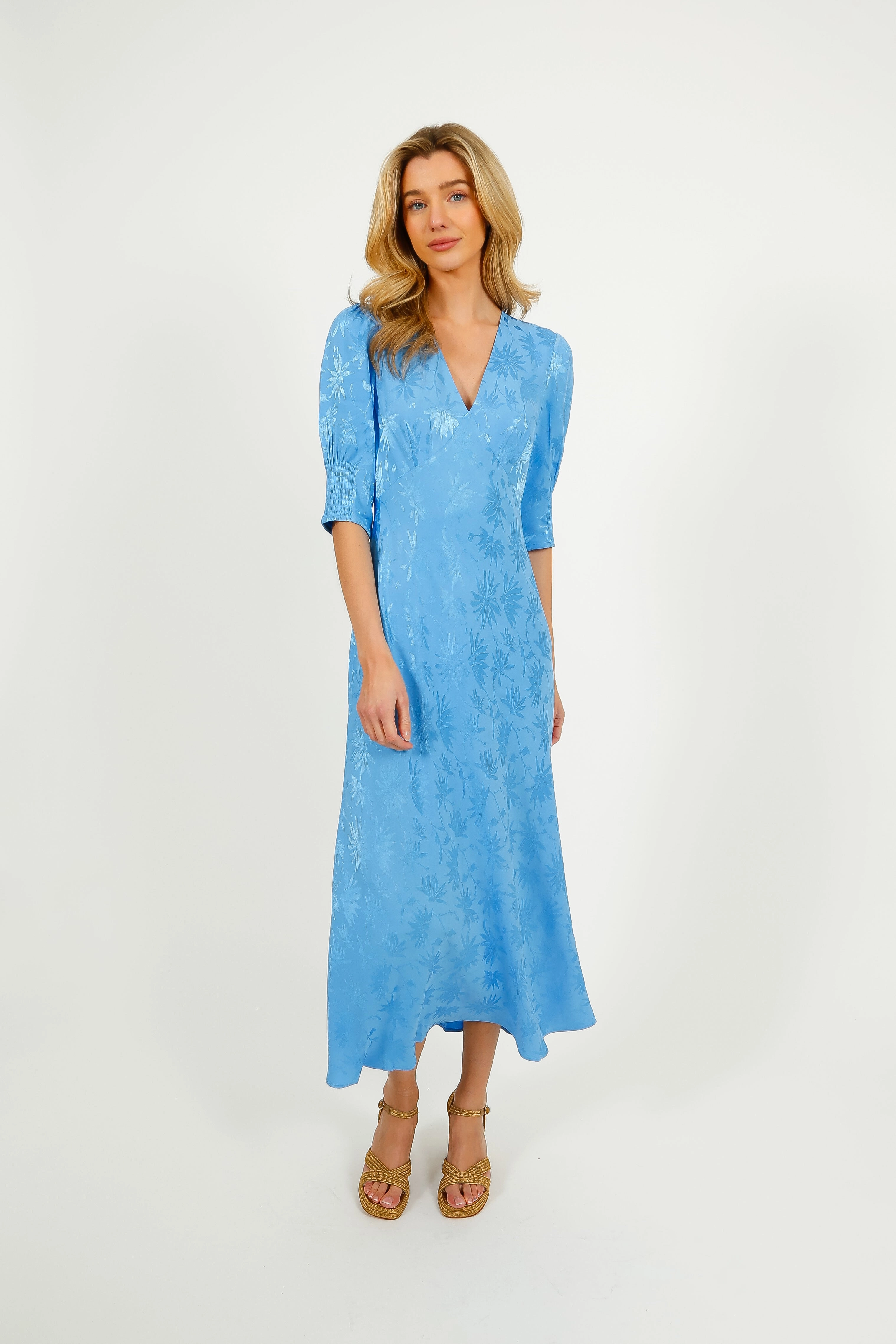 RIXO Zadie Dress in Daisy Jacquard Blue Curve-Enhancing Pleat-Front