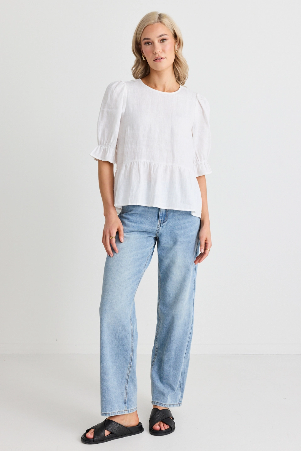 Durable Reinforced Elbow Patches Roaming White Linen Crew Neck Peplum Top