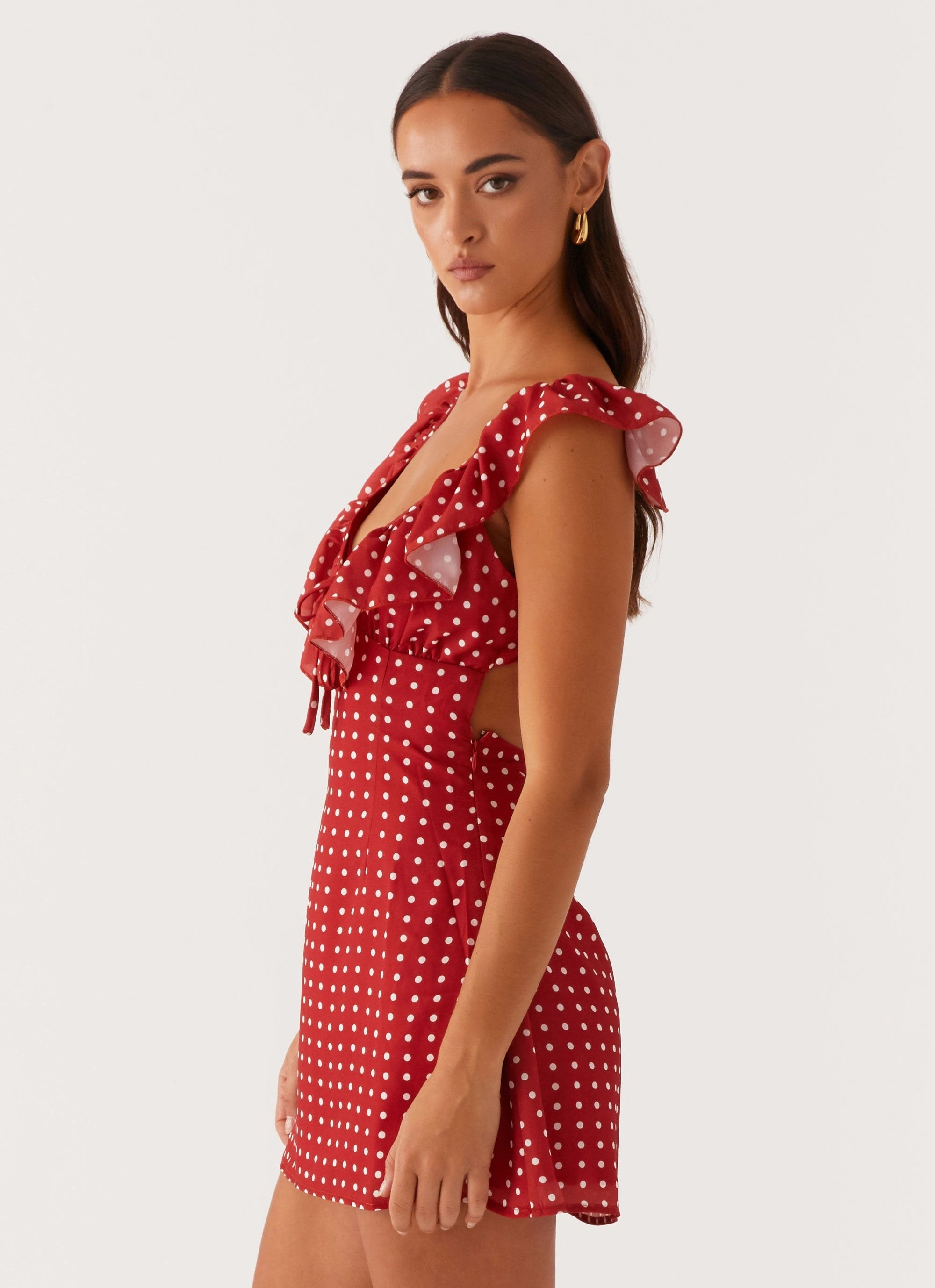 Adrina Ruffle Mini Dress - Red Polka Dot Mix-And-Match City Ready