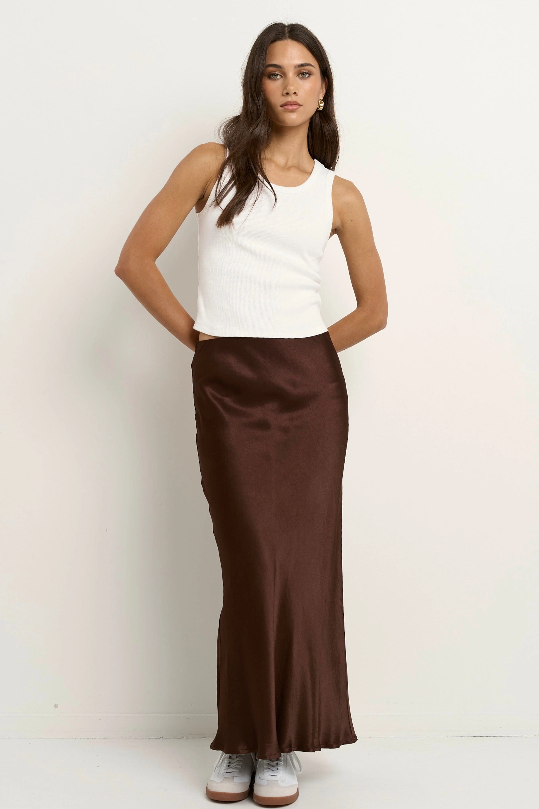 Crisp Edge Rosette Chocolate Satin Bias Midi Skirt