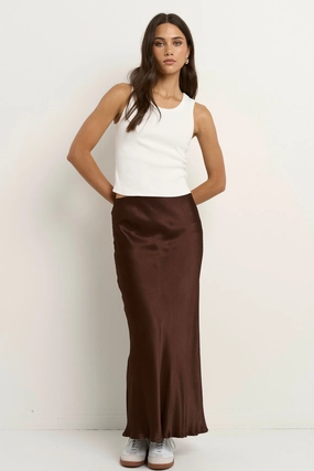 Crisp Edge Rosette Chocolate Satin Bias Midi Skirt