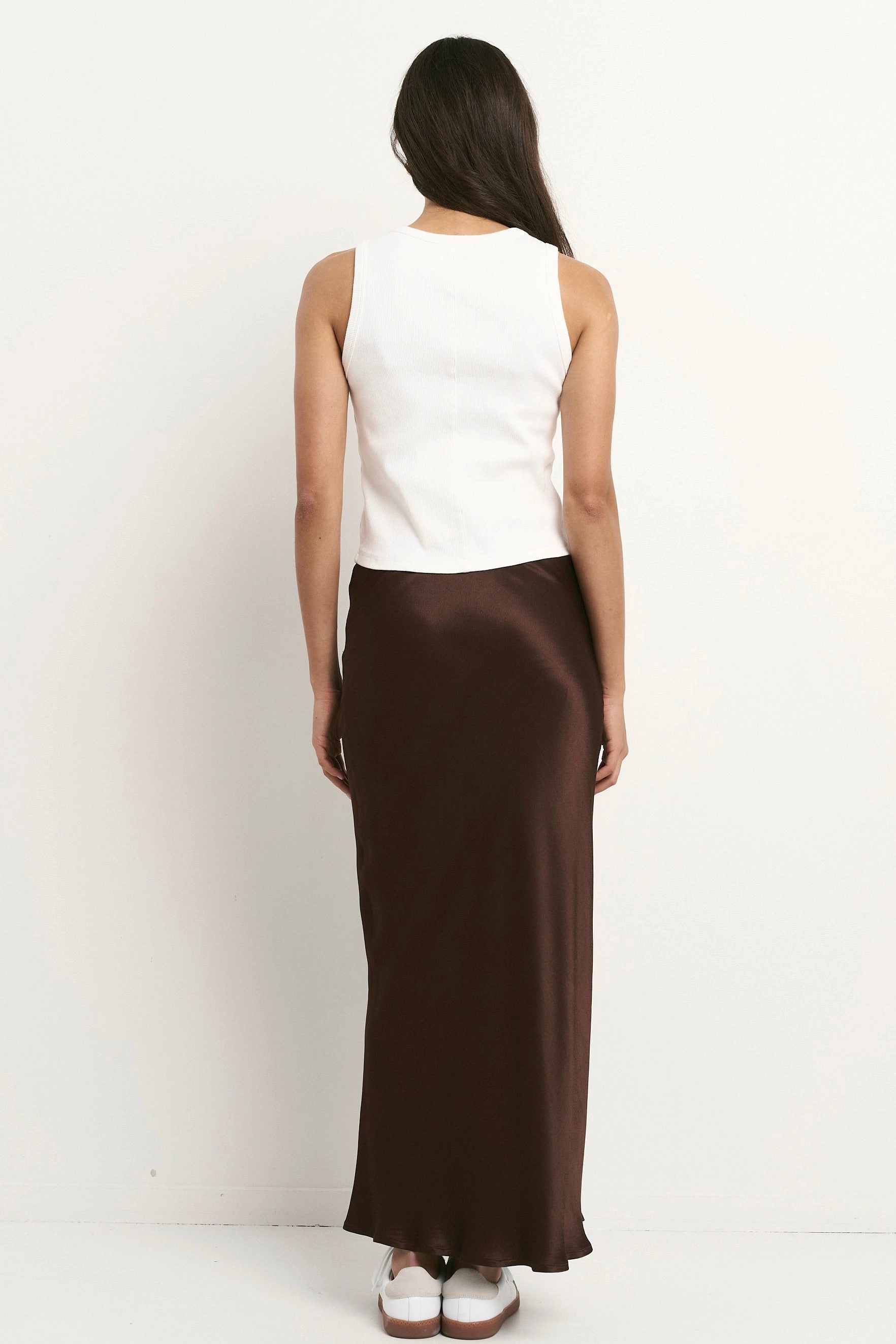 Personality Style casual finish Rosette Chocolate Satin Bias Midi Skirt