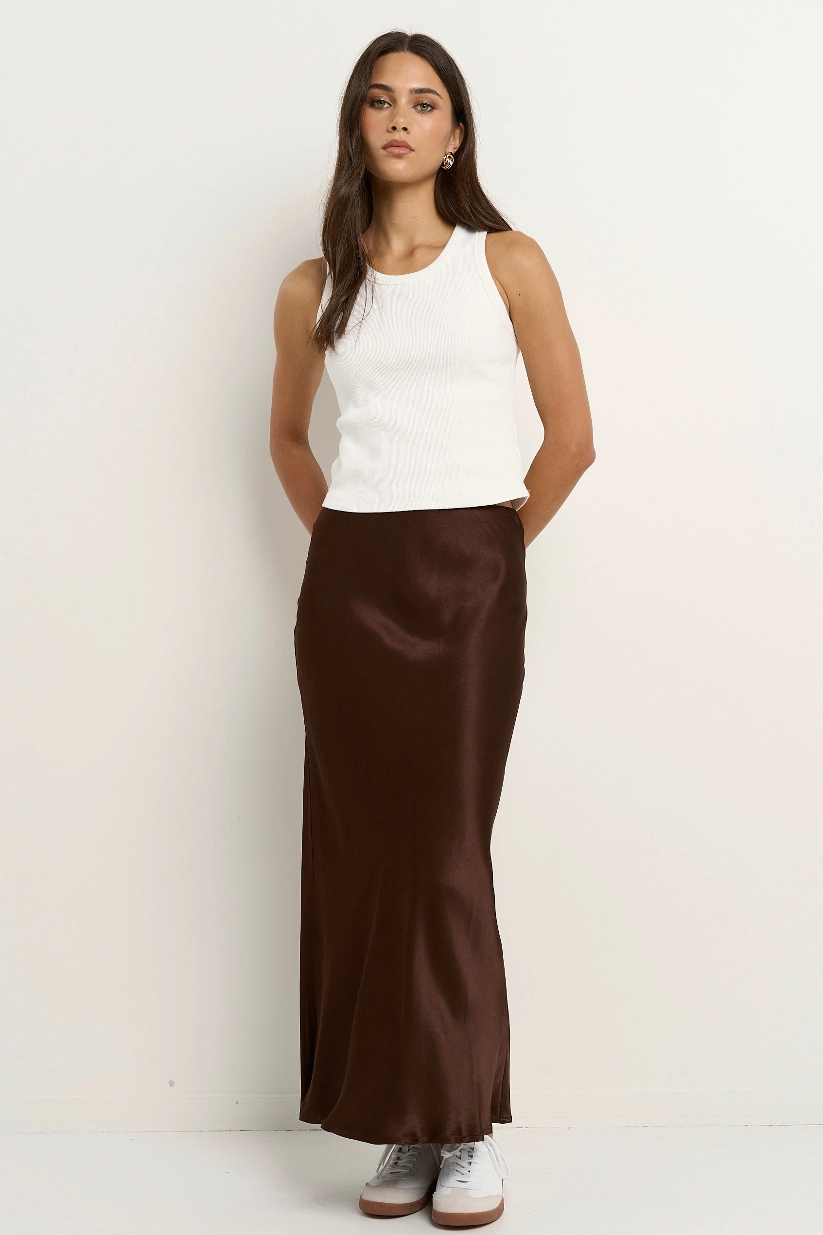 Rosette Chocolate Satin Bias Midi Skirt Laidback Style Abrasion resistant