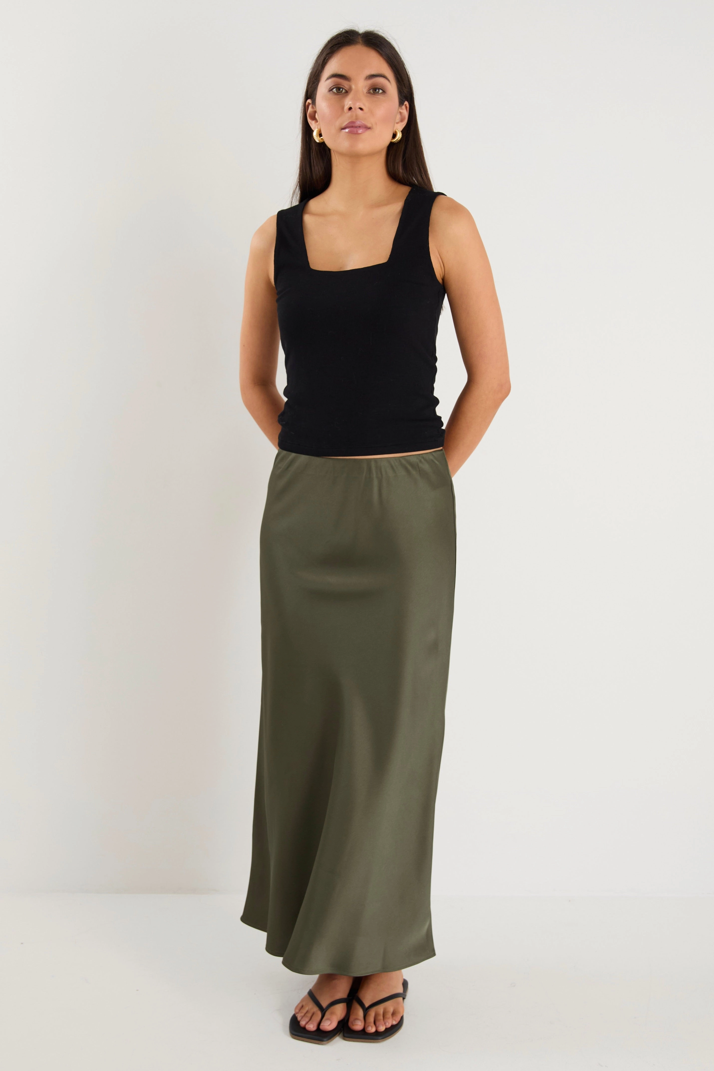 Twist Front Rosette Khaki Satin Bias Midi Skirt
