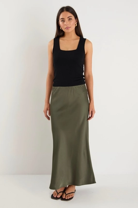 Rosette Khaki Satin Bias Midi Skirt Stylish Vibe Smart Edge
