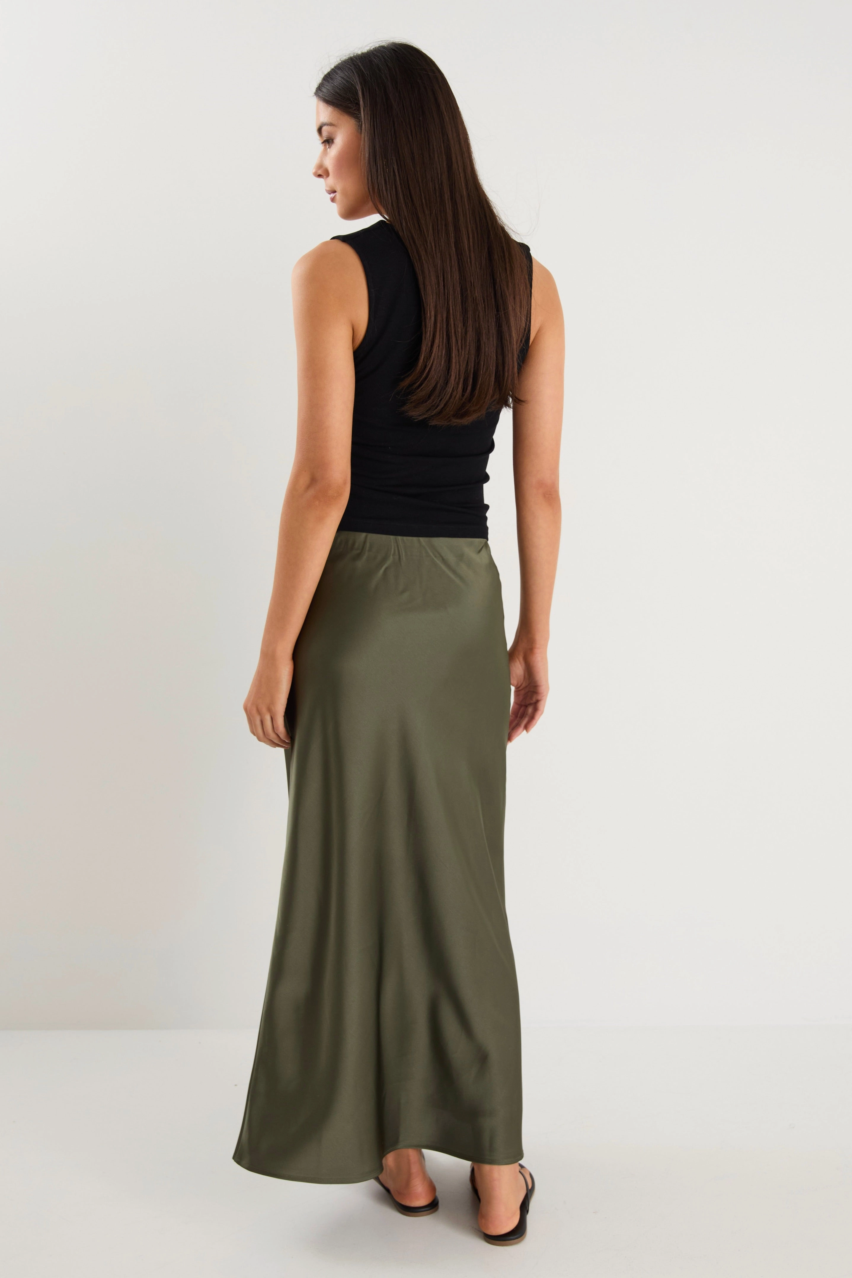 Rosette Khaki Satin Bias Midi Skirt Simple Fashion Smart Comfort