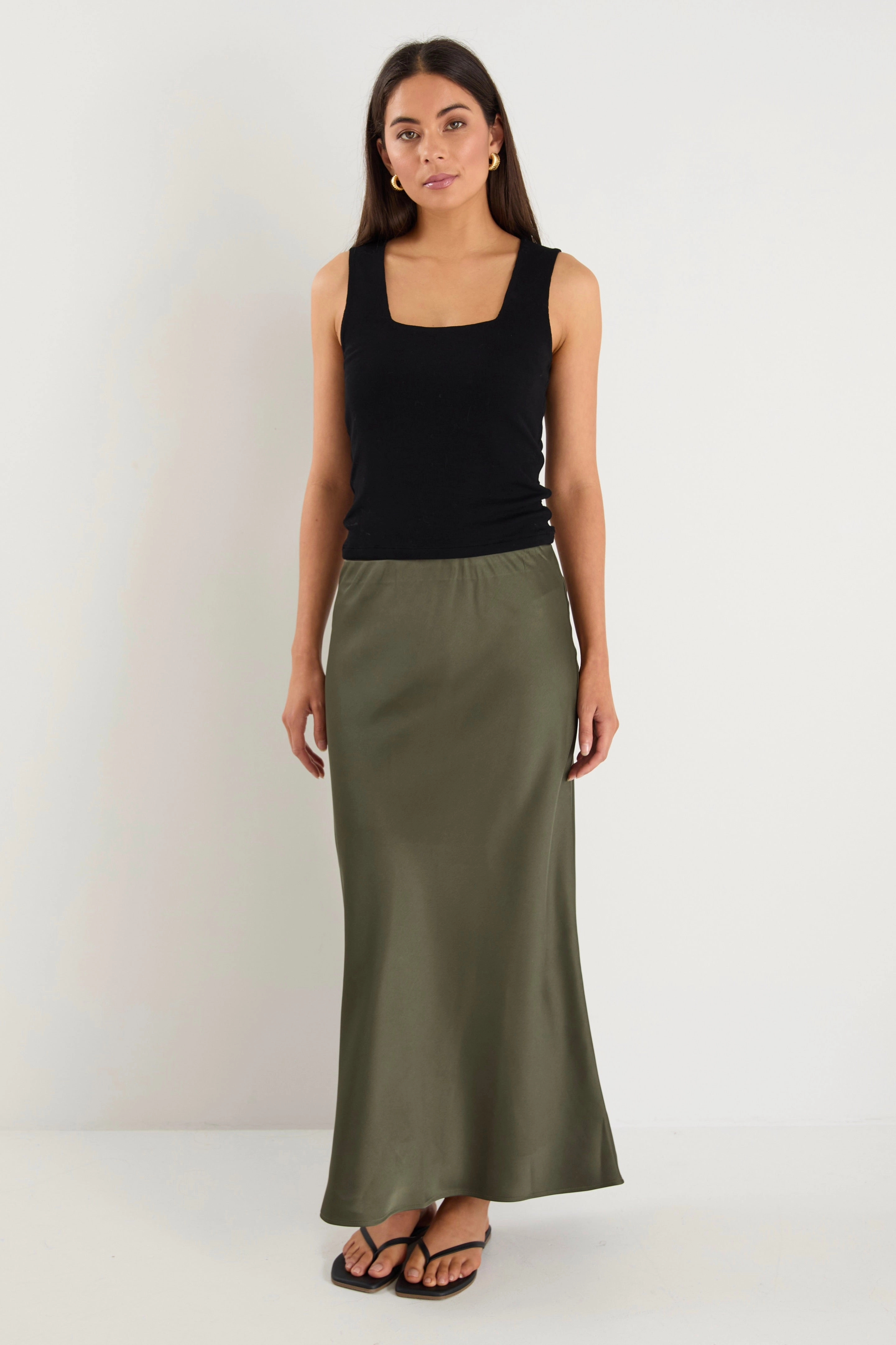 Rosette Khaki Satin Bias Midi Skirt Stylish Vibe Smart Edge