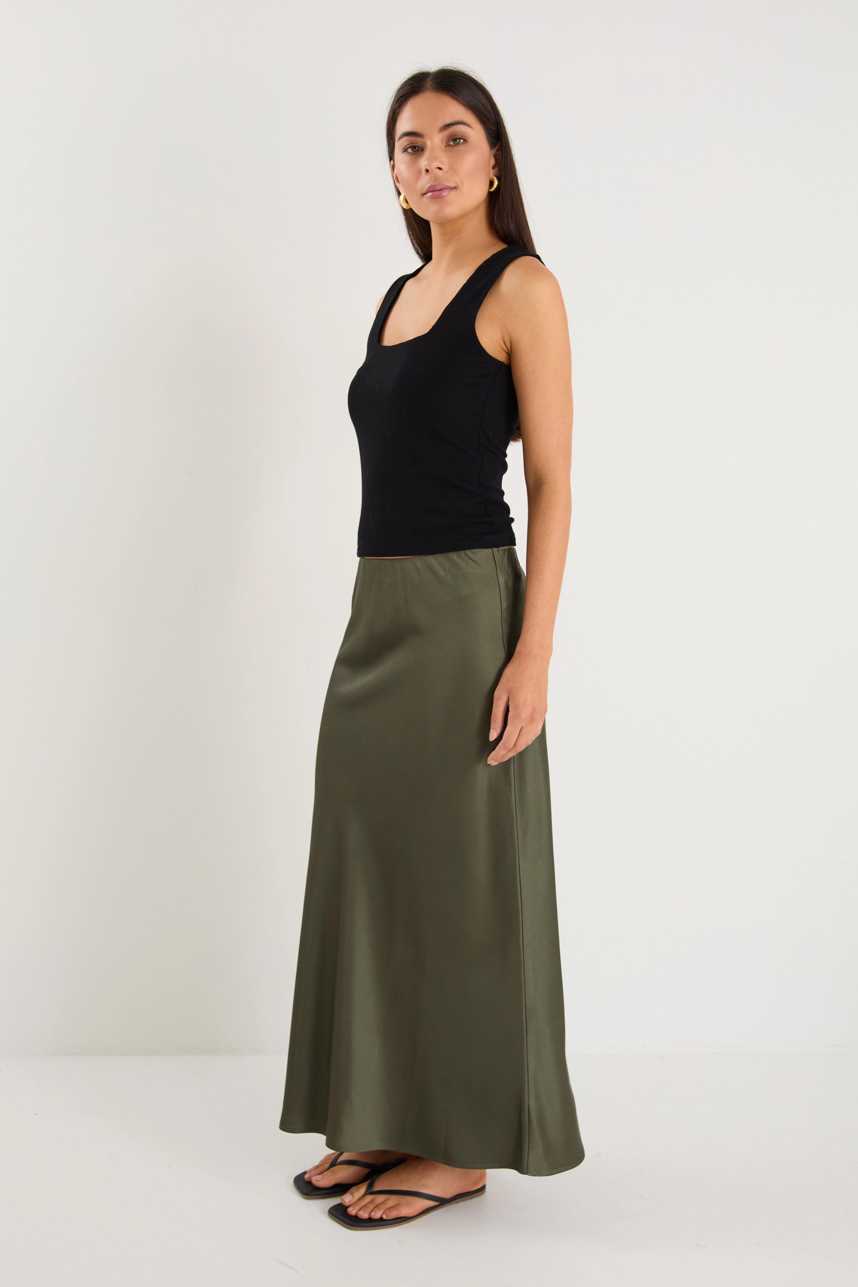 Weekend Ready Texture Shot Rosette Khaki Satin Bias Midi Skirt