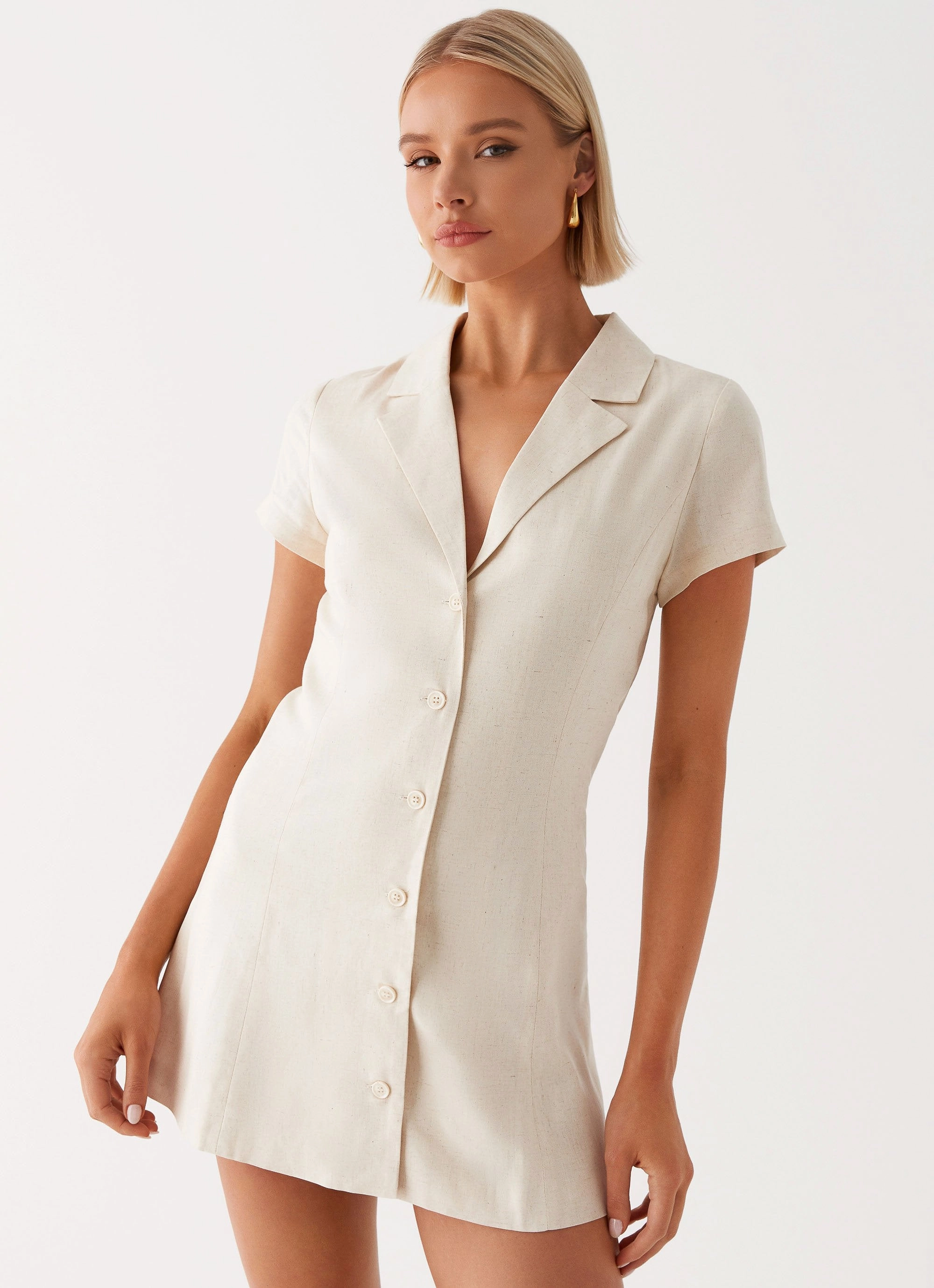 Russo Linen Mini Dress - Oatmeal Easy Going Casual Comfort