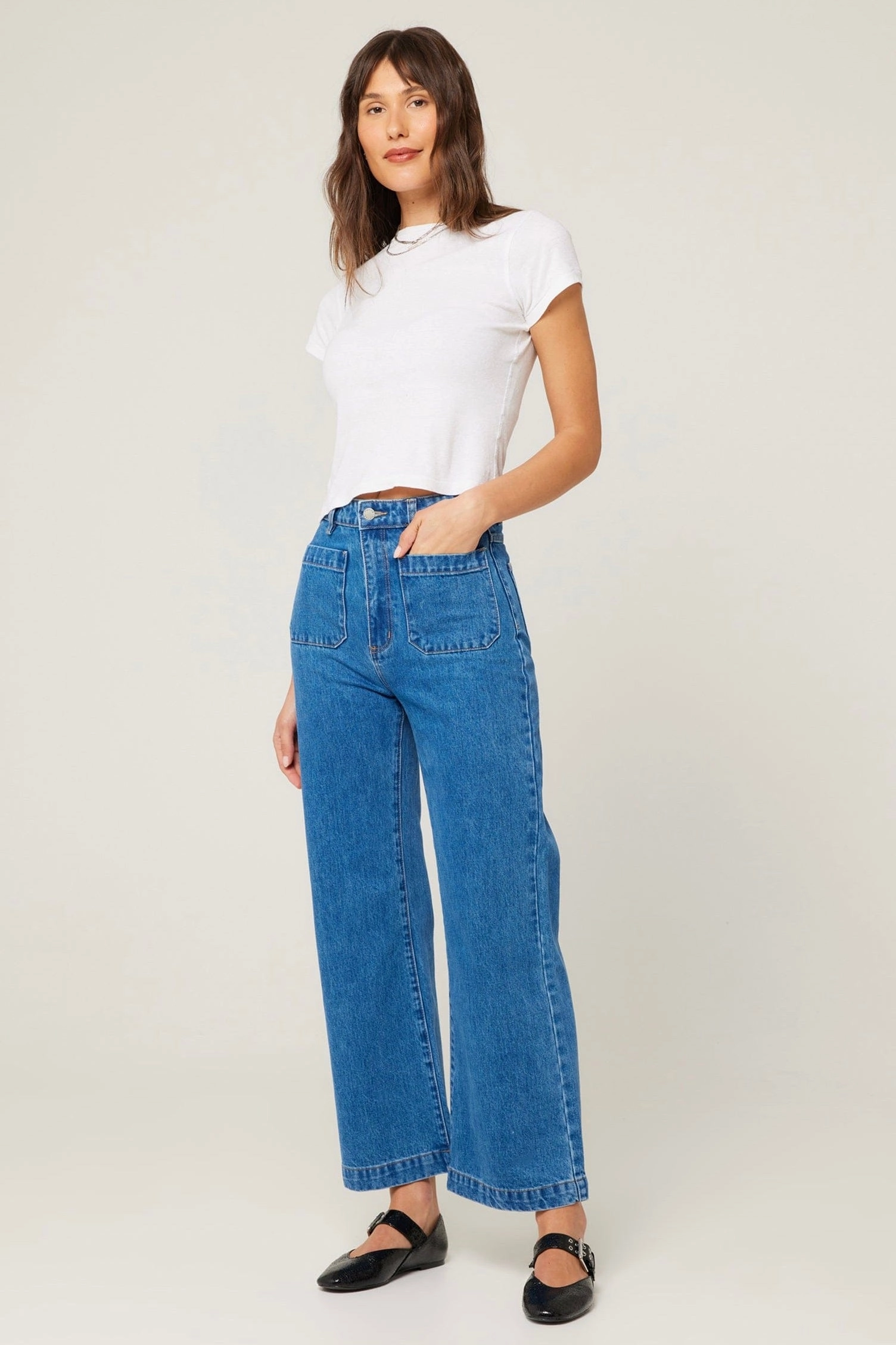 Sailor Ashley Blue Front Pocket Long Denim Jean Quick Comfort Design