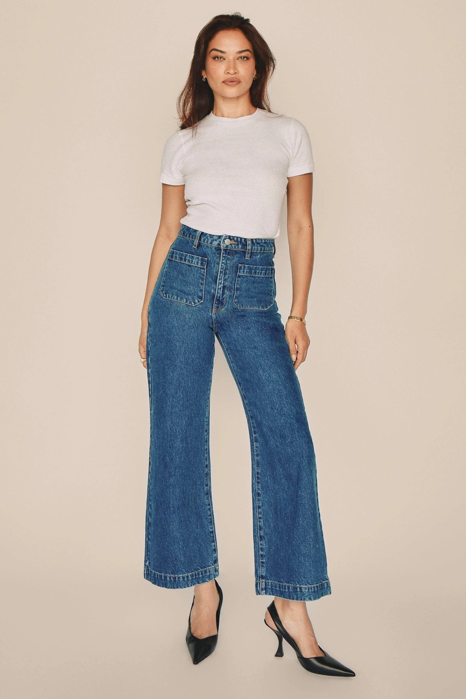 Clean Lines Sailor Ashley Blue Front Pocket Long Denim Jean