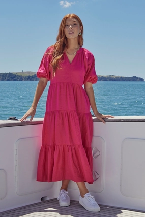 Santorini Raspberry Linen Puff Ss V-Neck Tiered Maxi Dress Effortless Comfort Silk-Blend