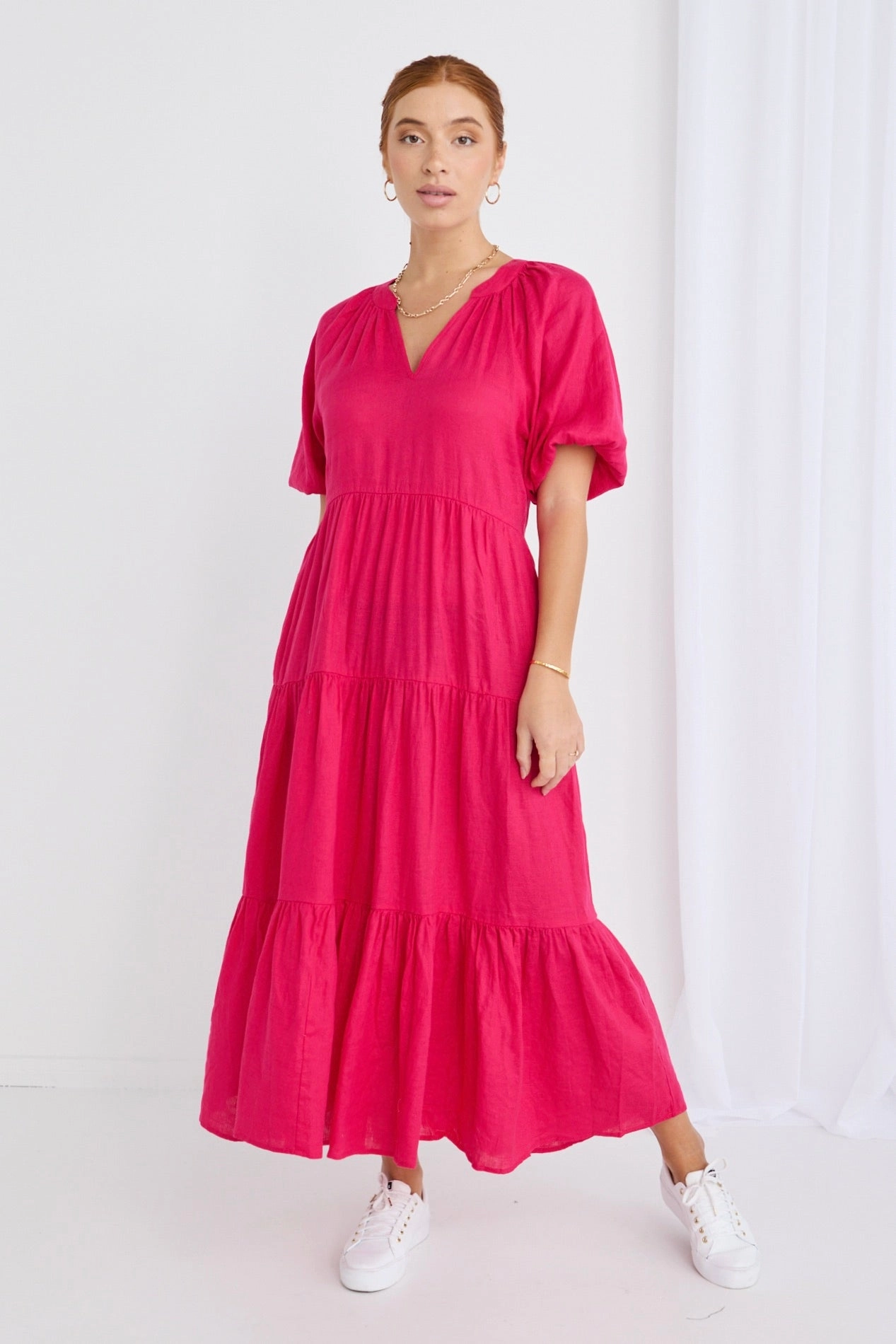 Santorini Raspberry Linen Puff Ss V-Neck Tiered Maxi Dress Coffee Break