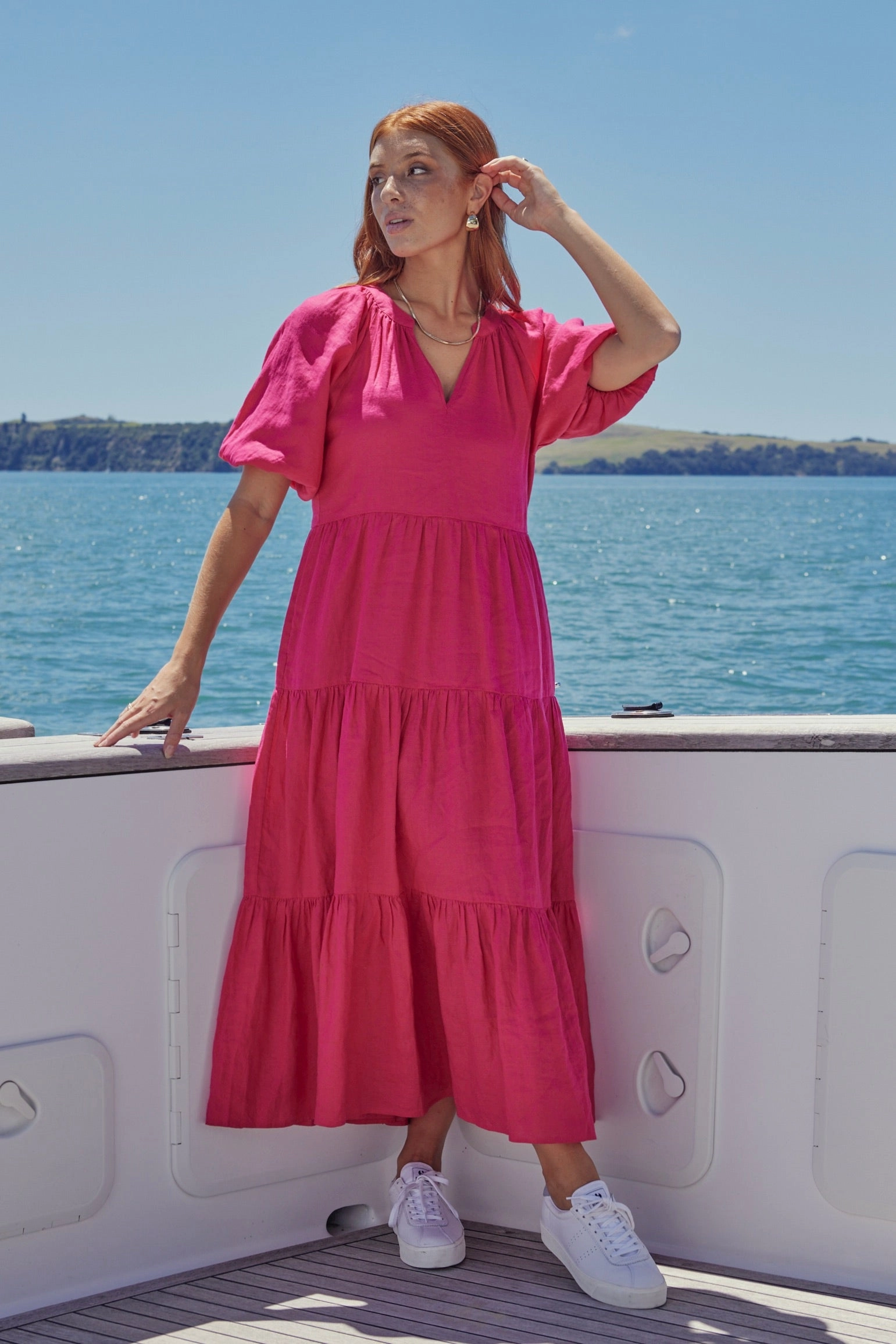 Airy Drape Travel Option Santorini Raspberry Linen Puff Ss V-Neck Tiered Maxi Dress