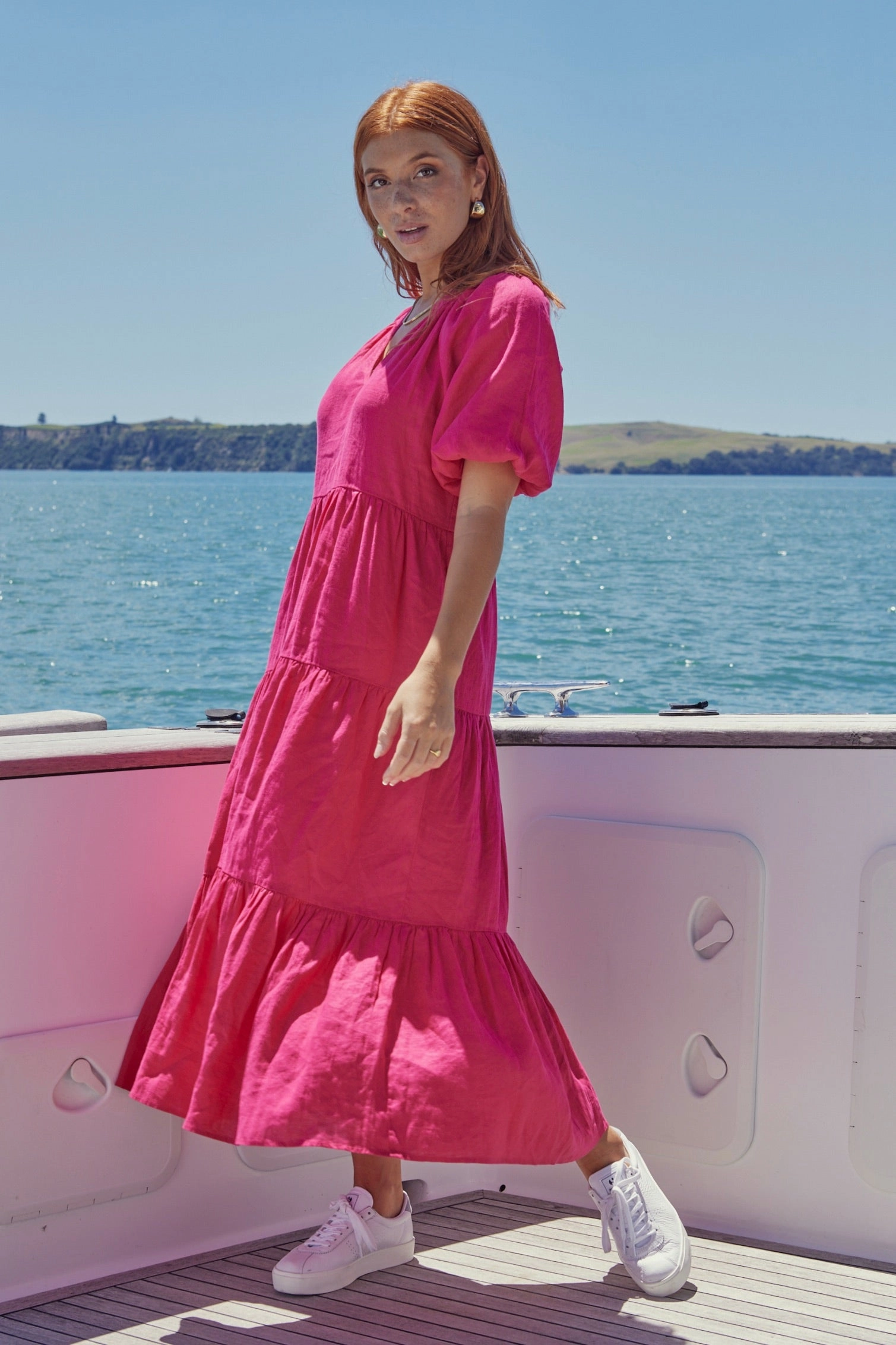 Timeless Fit Look Santorini Raspberry Linen Puff Ss V-Neck Tiered Maxi Dress