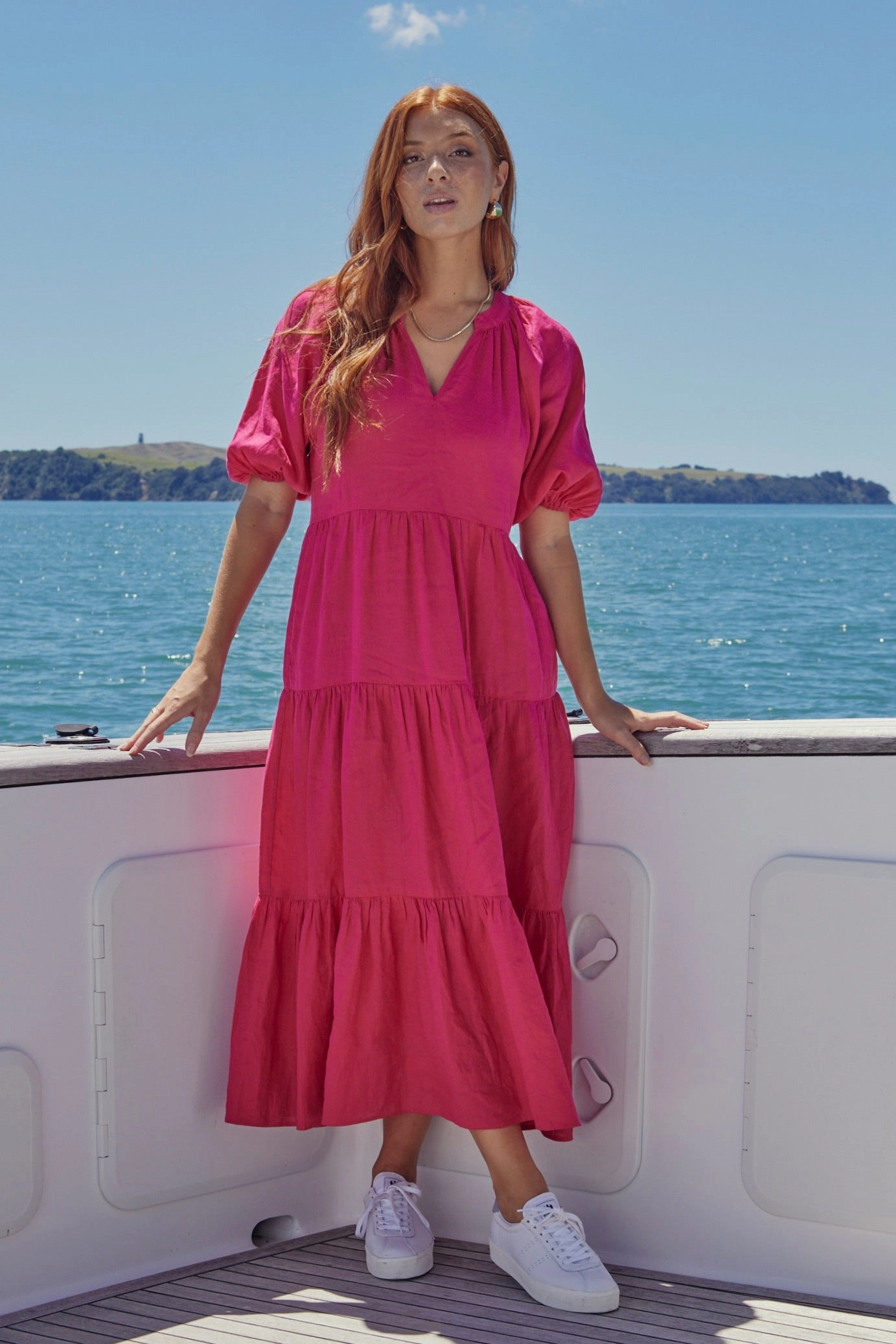 Santorini Raspberry Linen Puff Ss V-Neck Tiered Maxi Dress Effortless Comfort Silk-Blend