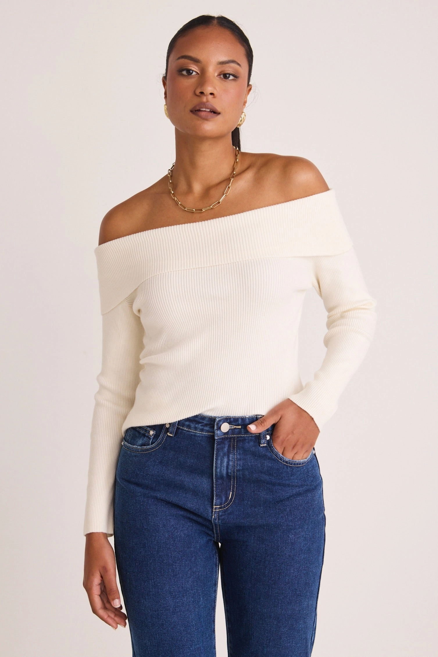 Sasha Winter White LS Off Shoulder Rib Knit Top AllPurpose Design