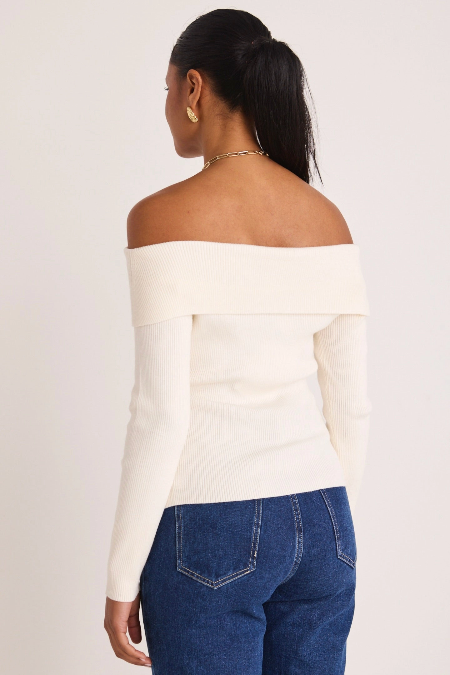 Sasha Winter White LS Off Shoulder Rib Knit Top Durable Reinforced Hem Contrast Stitch Accent