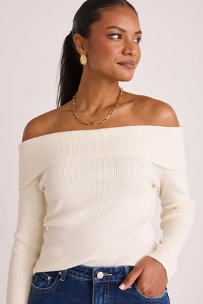 LightweightMaterial Sasha Winter White LS Off Shoulder Rib Knit Top
