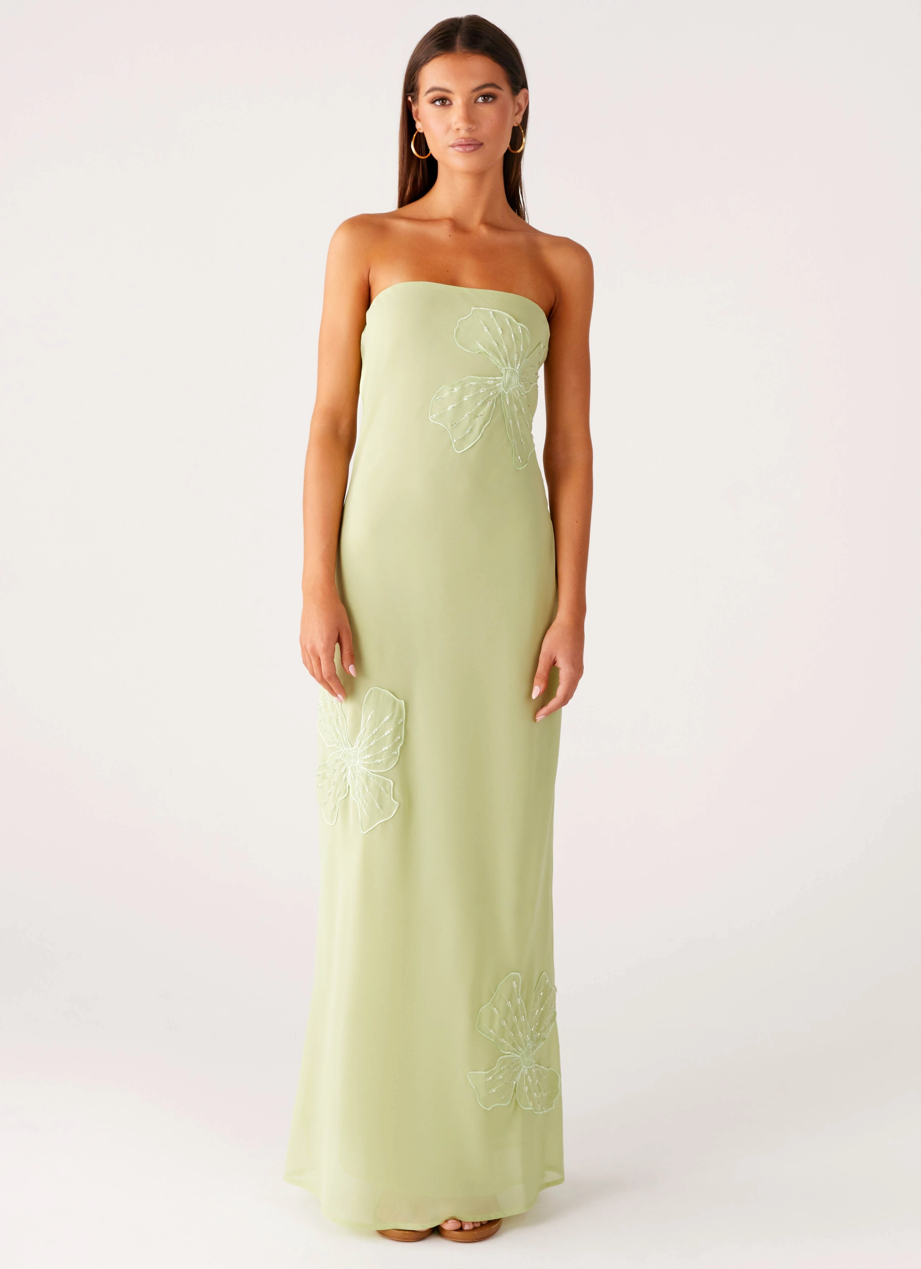 Sassafras Beaded Flower Strapless Maxi Dress - Lime Fall Flow Minimal Cut