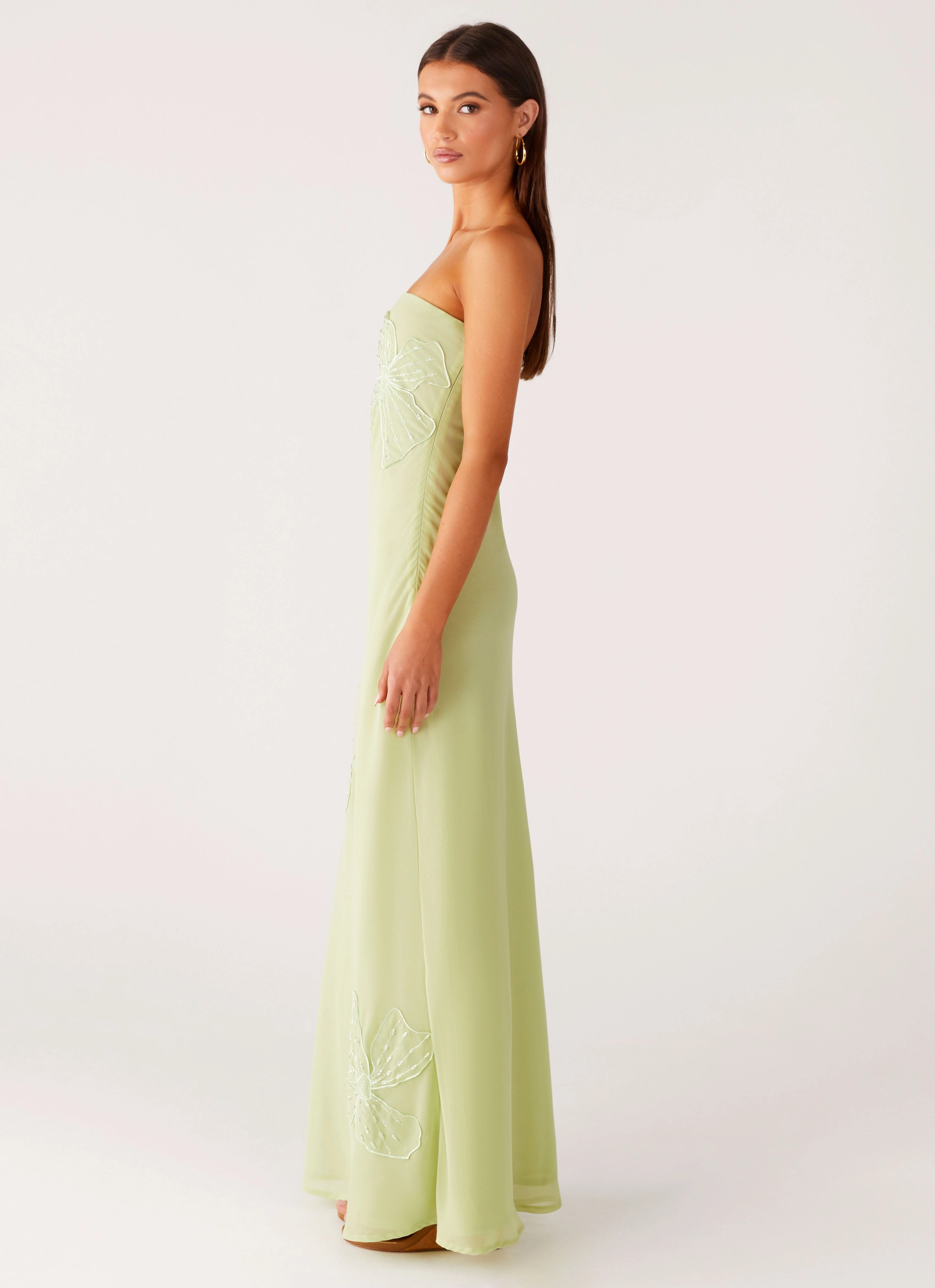 Sassafras Beaded Flower Strapless Maxi Dress - Lime Soft Presence Lightweight-Structure