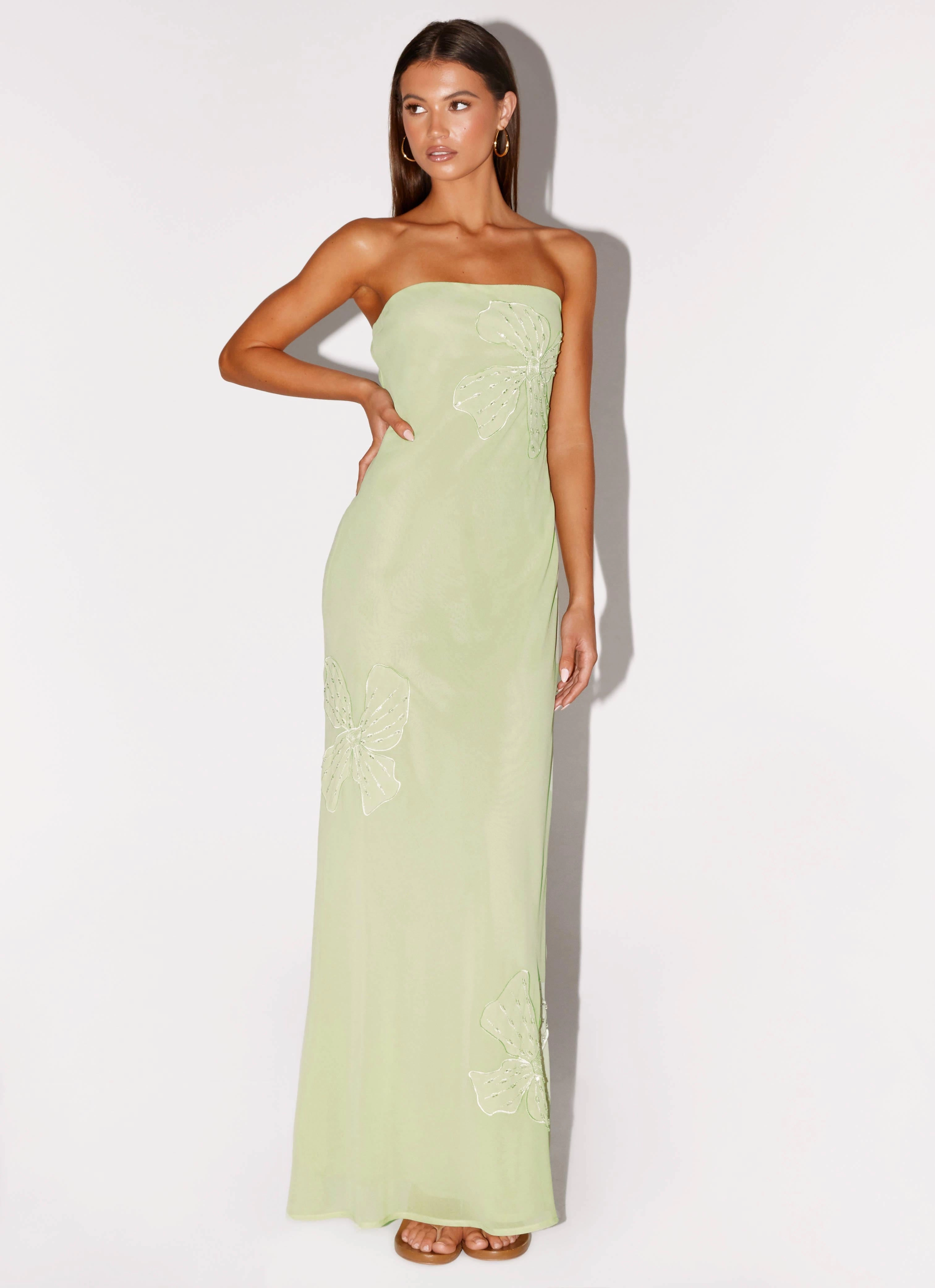 Fall Piece Sassafras Beaded Flower Strapless Maxi Dress - Lime