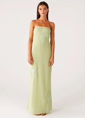 Sassafras Beaded Flower Strapless Maxi Dress - Lime Fall Flow Minimal Cut