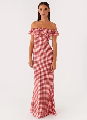 Scarlet Cherry Maxi Dress - Red Gingham Satin Grace Chill Comfort