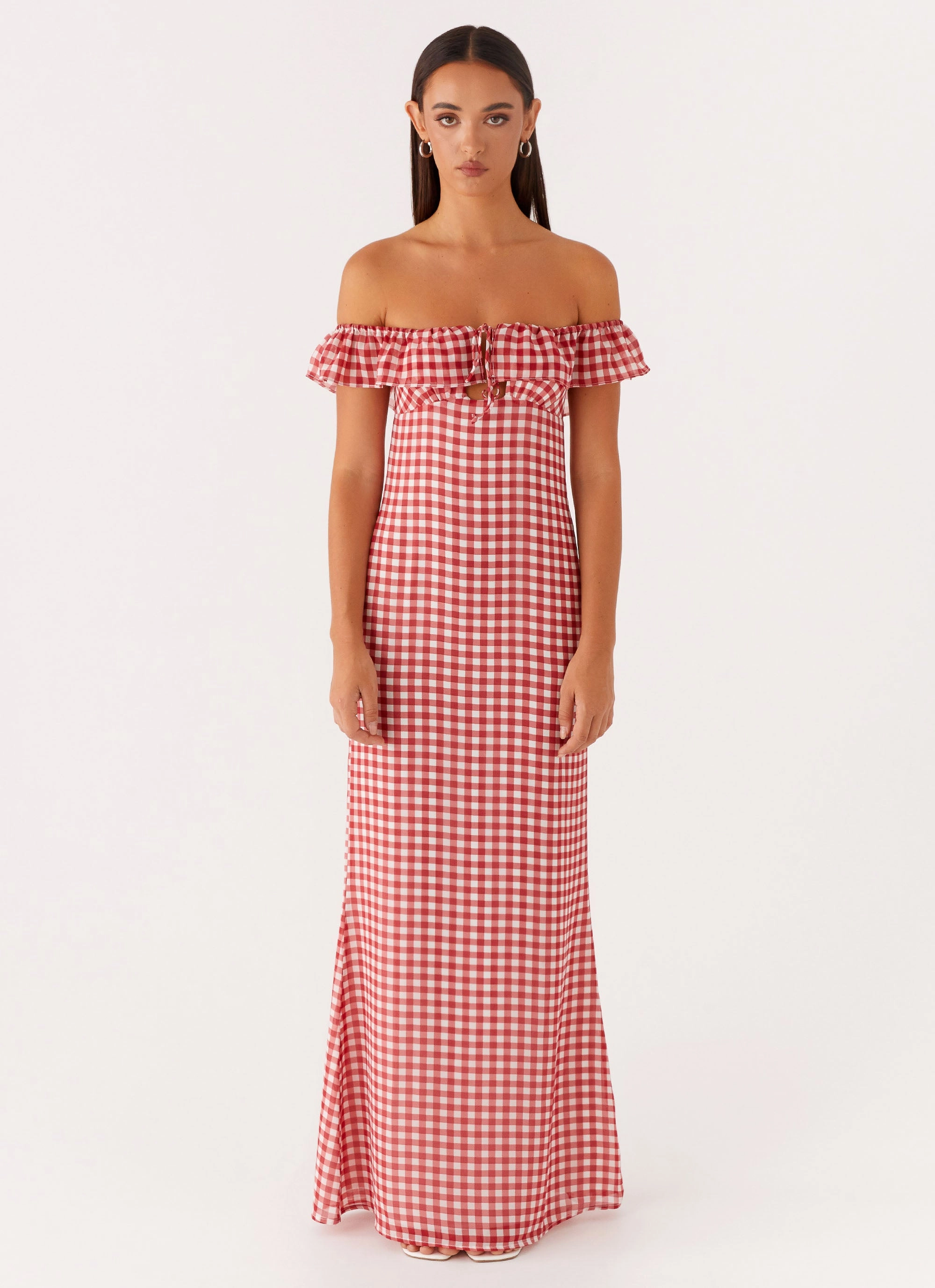 Coffee Break Scarlet Cherry Maxi Dress - Red Gingham