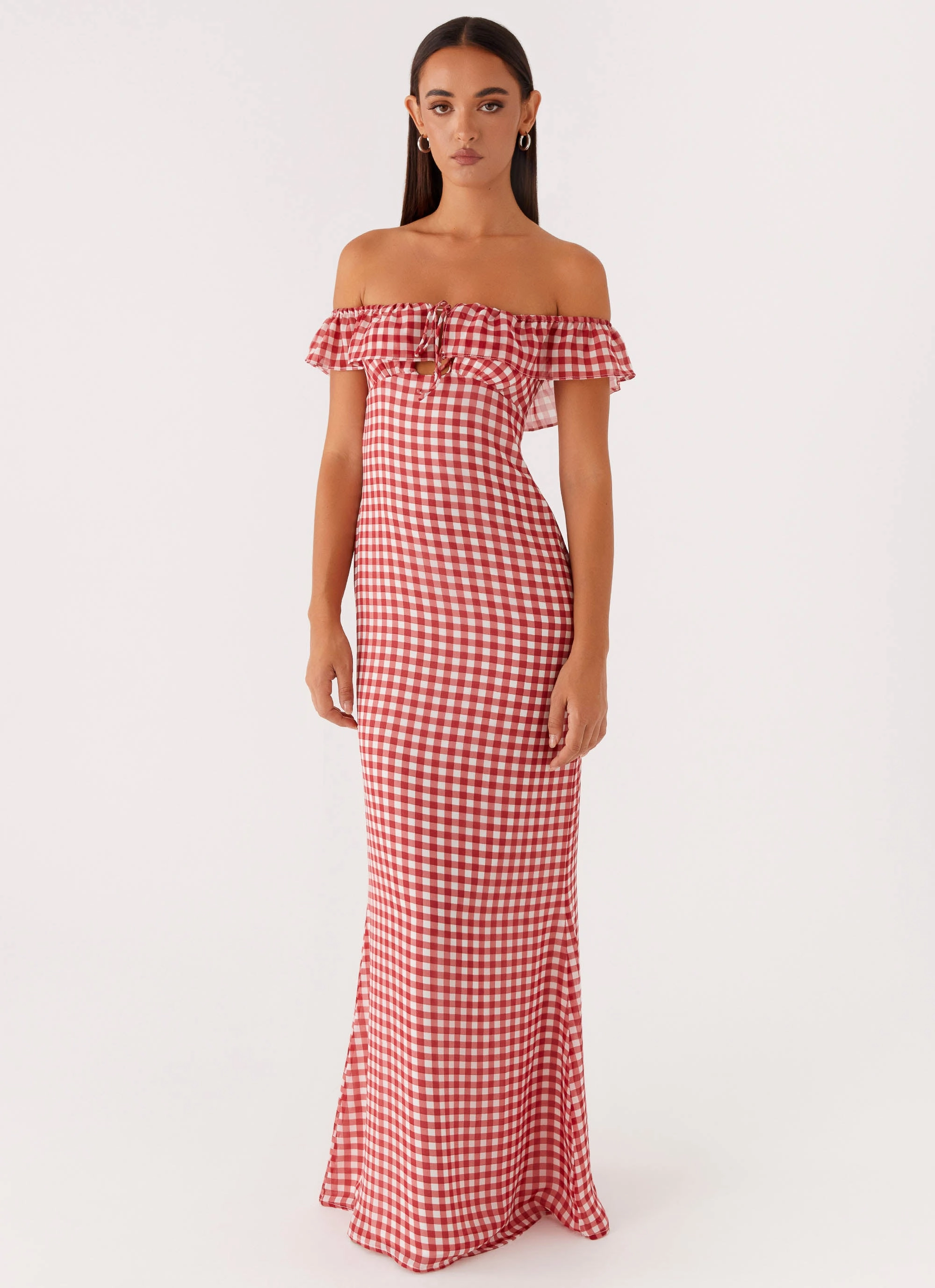 Scarlet Cherry Maxi Dress - Red Gingham Satin Grace Chill Comfort