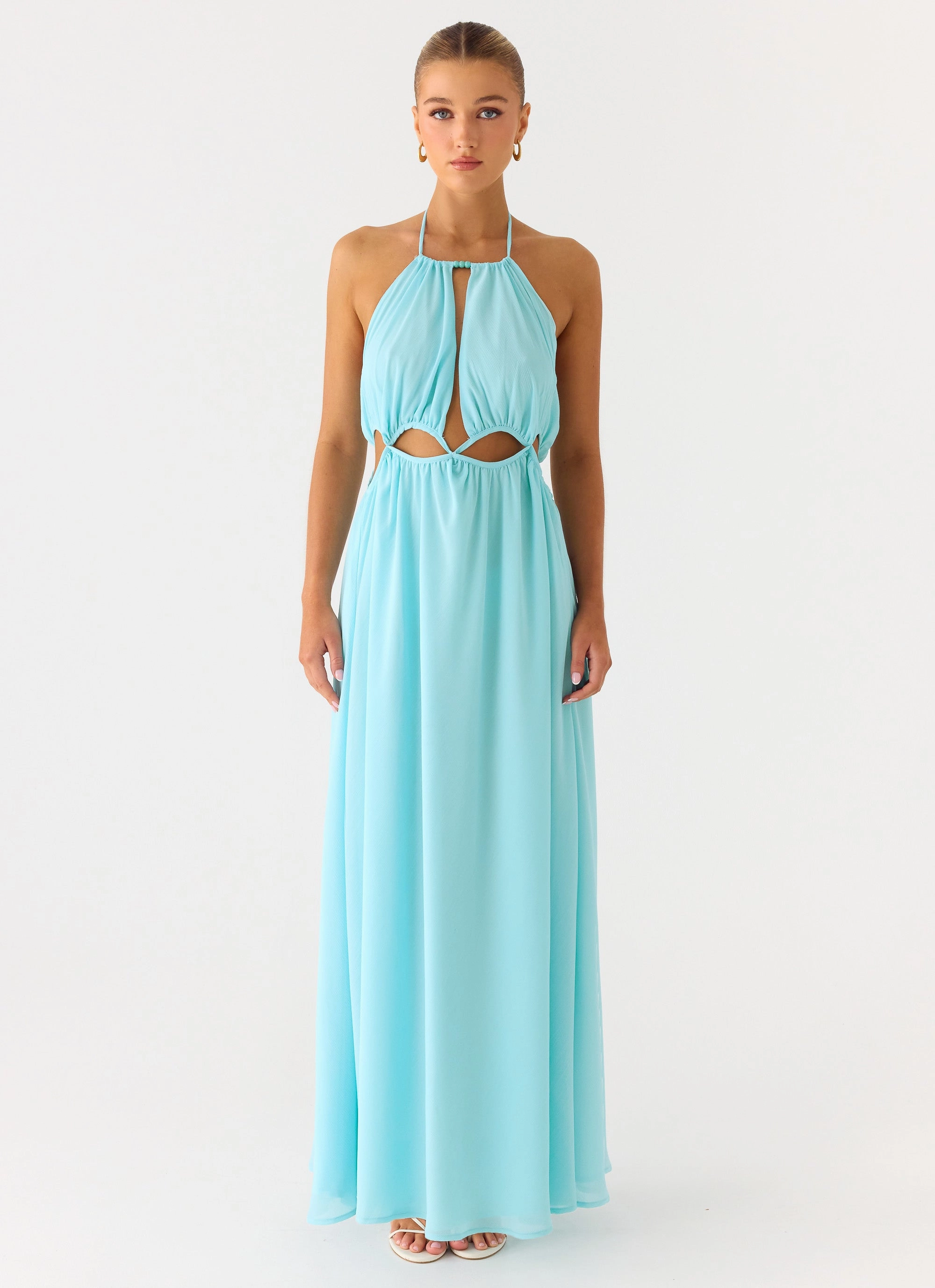Metallic-Shine Joyful Look Ardenzelle Chiffon Halter Neck Maxi Dress - Turquoise