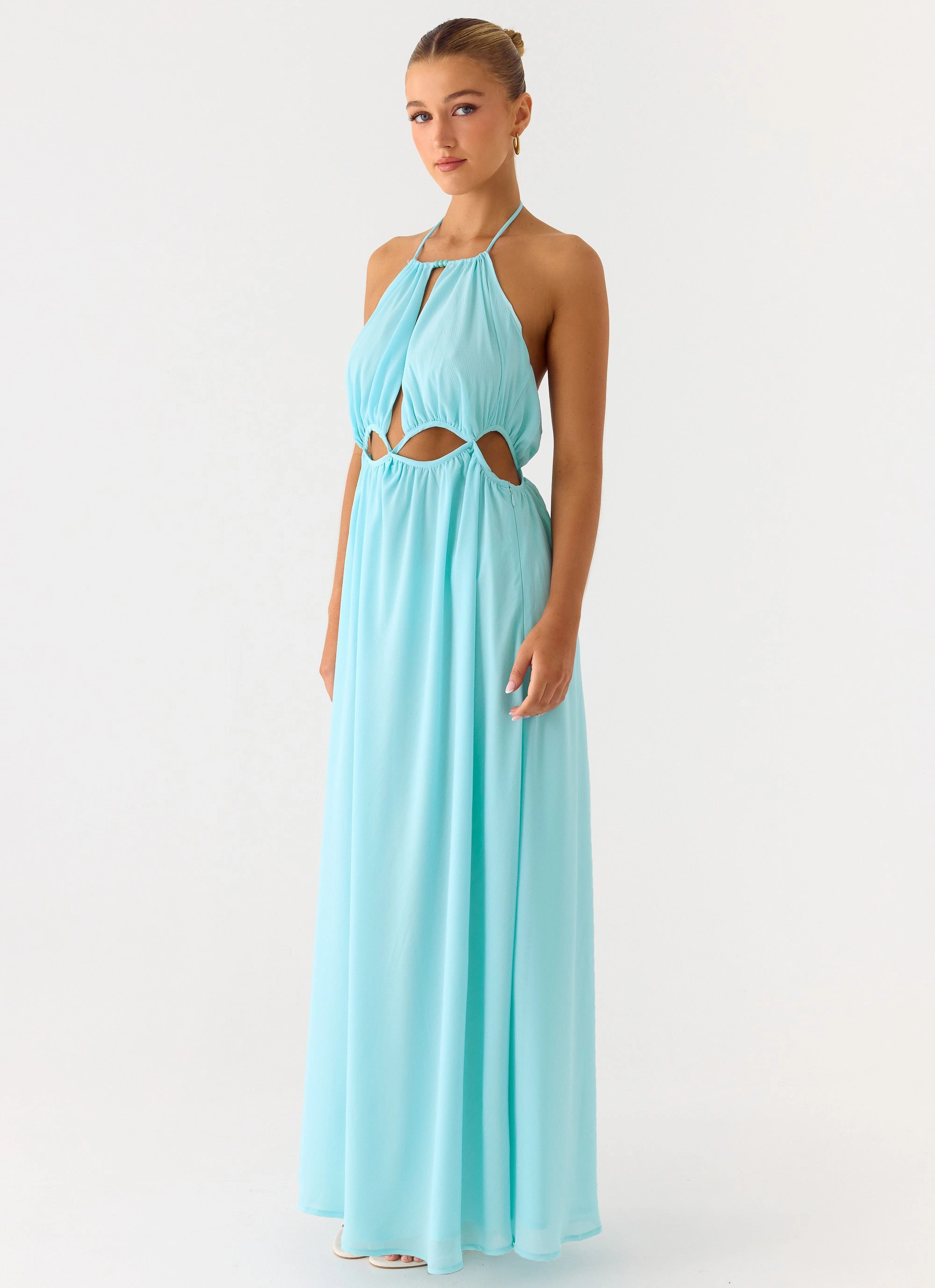 Ardenzelle Chiffon Halter Neck Maxi Dress - Turquoise Elegant Layer Gentle Glow