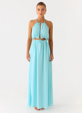 Metallic-Shine Joyful Look Ardenzelle Chiffon Halter Neck Maxi Dress - Turquoise