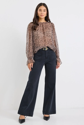 Endless Black Taupe Roses Georgette Blouson Sleeve LS Top BondedShoulder EasyClean