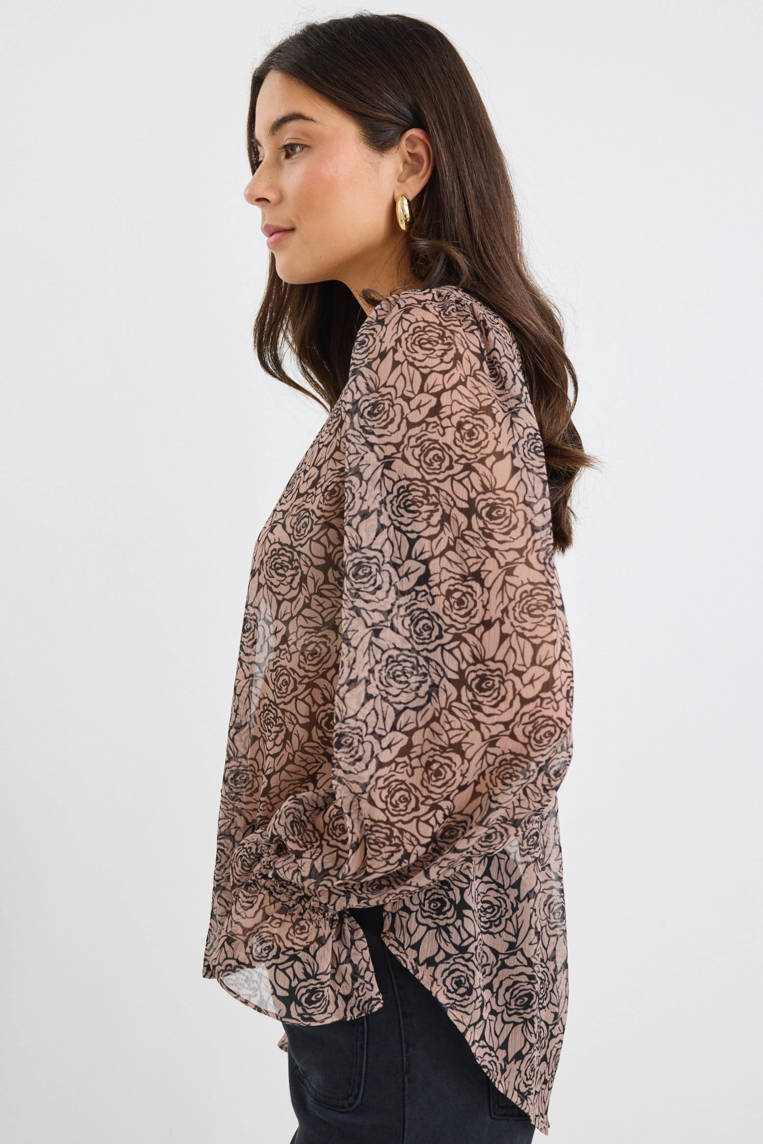 Endless Black Taupe Roses Georgette Blouson Sleeve LS Top Adjustable Cuffs Moisture Wicking Material
